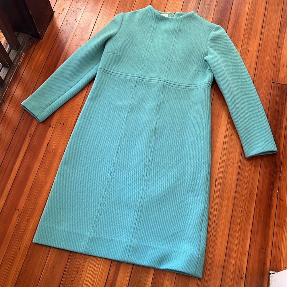 Vintage Turquoise Long Sleeve Wool Shift Dress - Picture 3 of 10